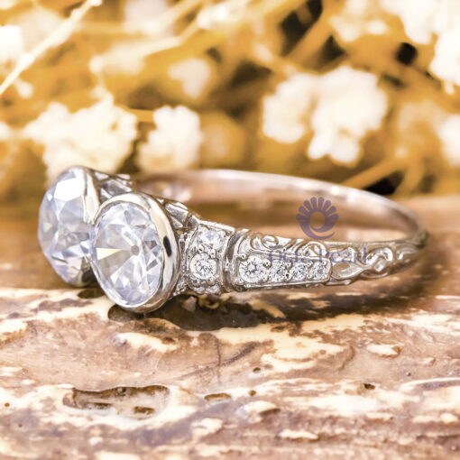 Old European Cut Moissanite Bezel Set Two Stone Art Deco Vintage Wedding Ring