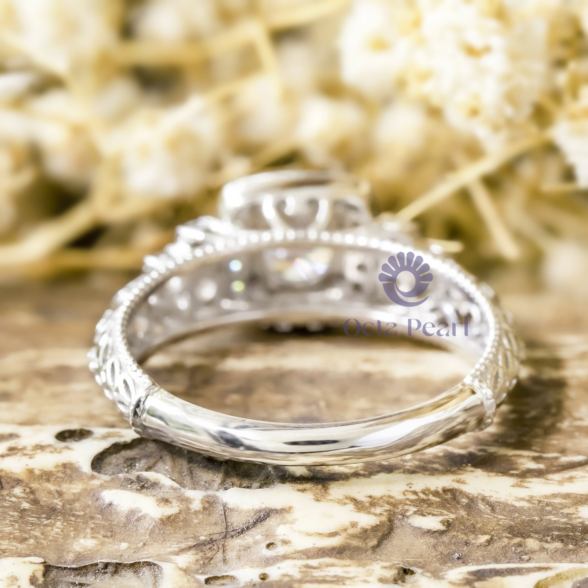 Round Cut Moissanite Milgrain Bezel Set Halo Filigree Art Deco Ring For Birthday-Mother's day Gift (1 1/2 TCW)