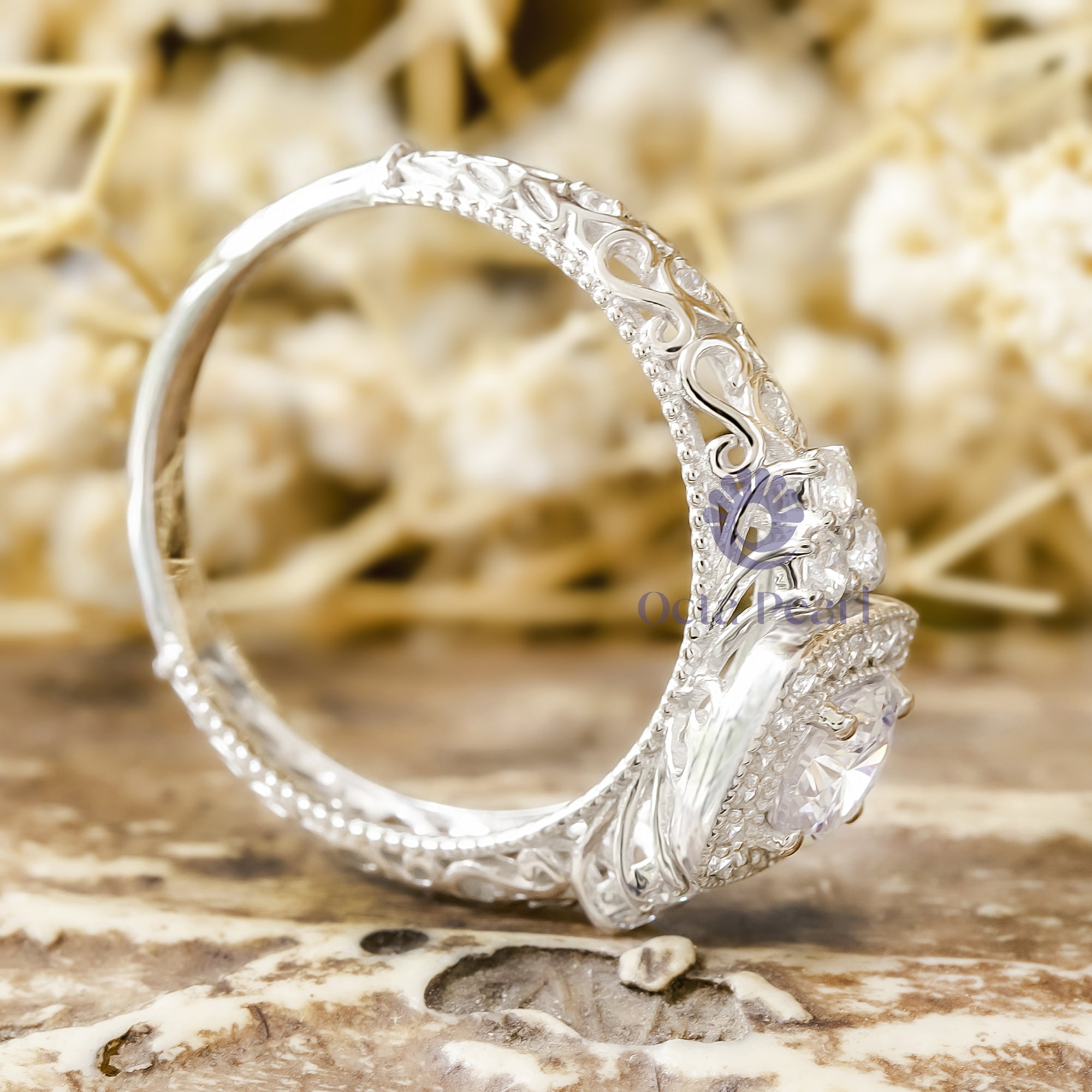 Round Cut Moissanite Milgrain Bezel Set Halo Filigree Art Deco Ring For Birthday-Mother's day Gift (1 1/2 TCW)