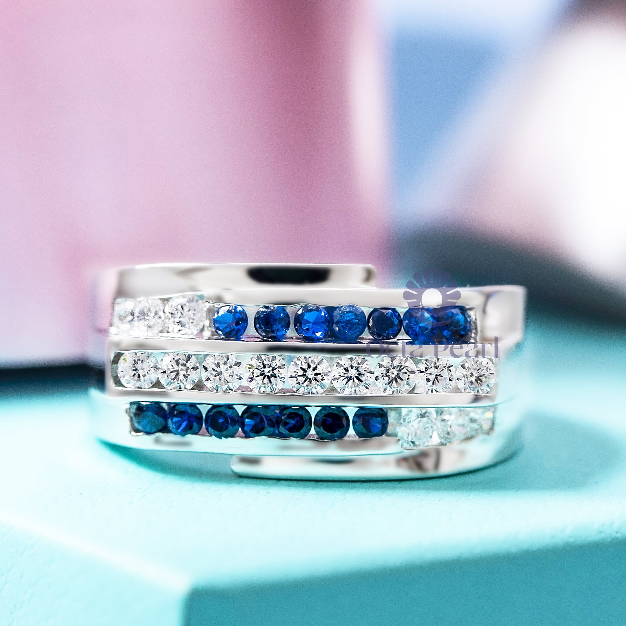 Blue Sapphire & White Round CZ Stone Channel Setting Men's Ring For Wedding-Proposal ( 1 1/6 TCW)