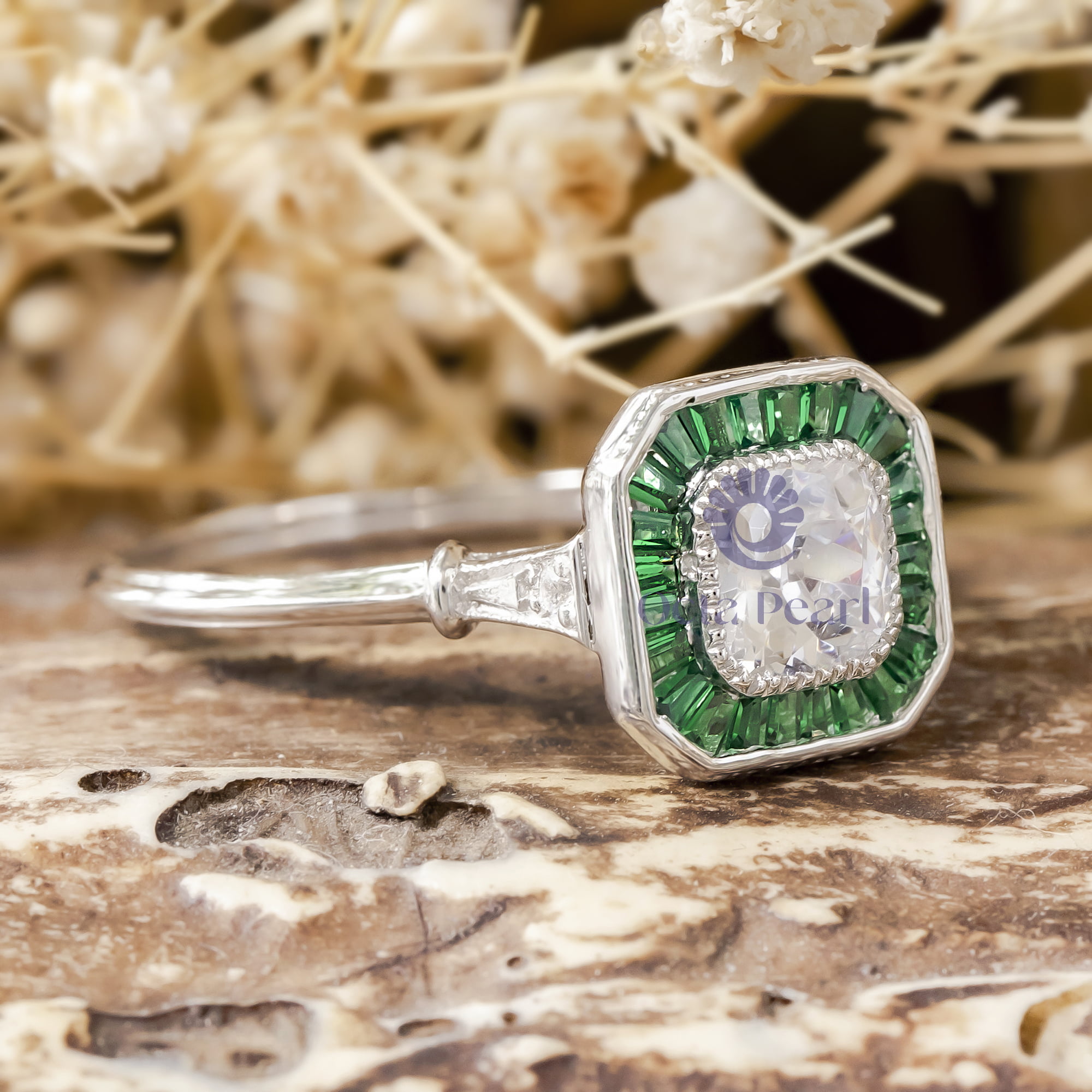 Old Mine Cushion Cut With Green Baguette CZ Stone Halo Vintage Look Target Ring
