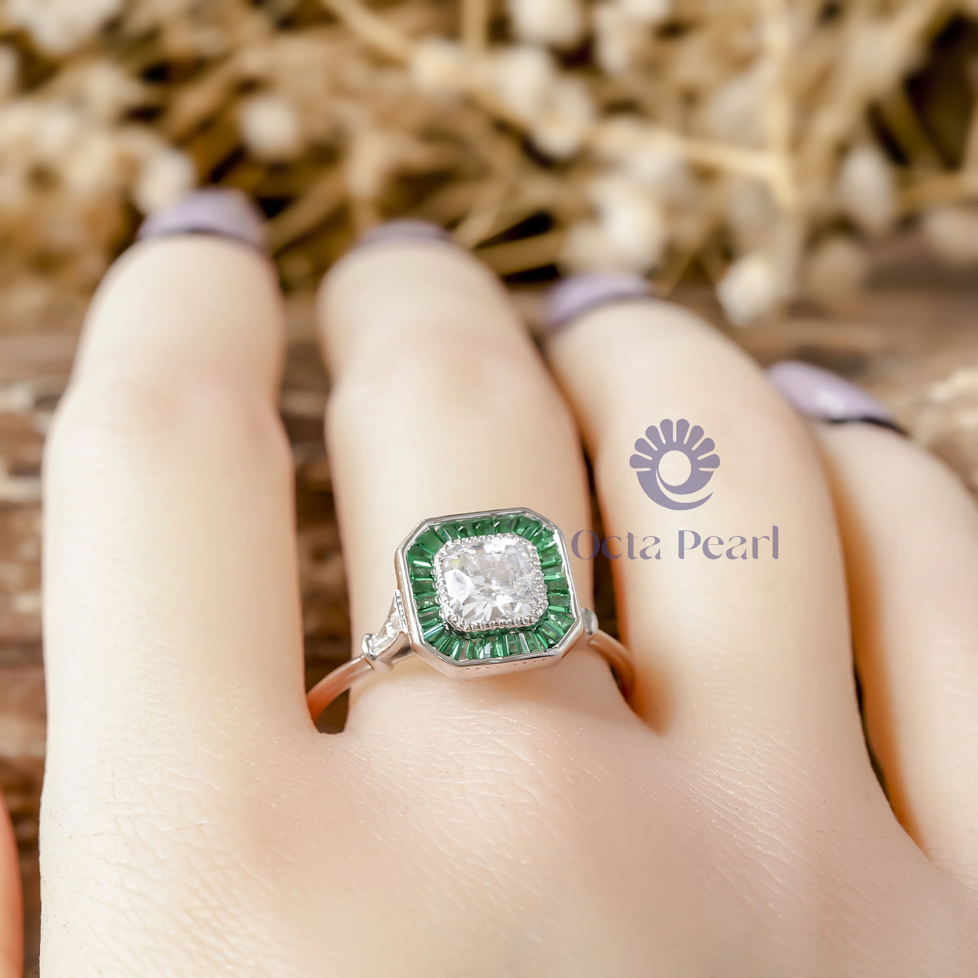 Old Mine Cushion Cut With Green Baguette CZ Stone Halo Vintage Look Target Ring