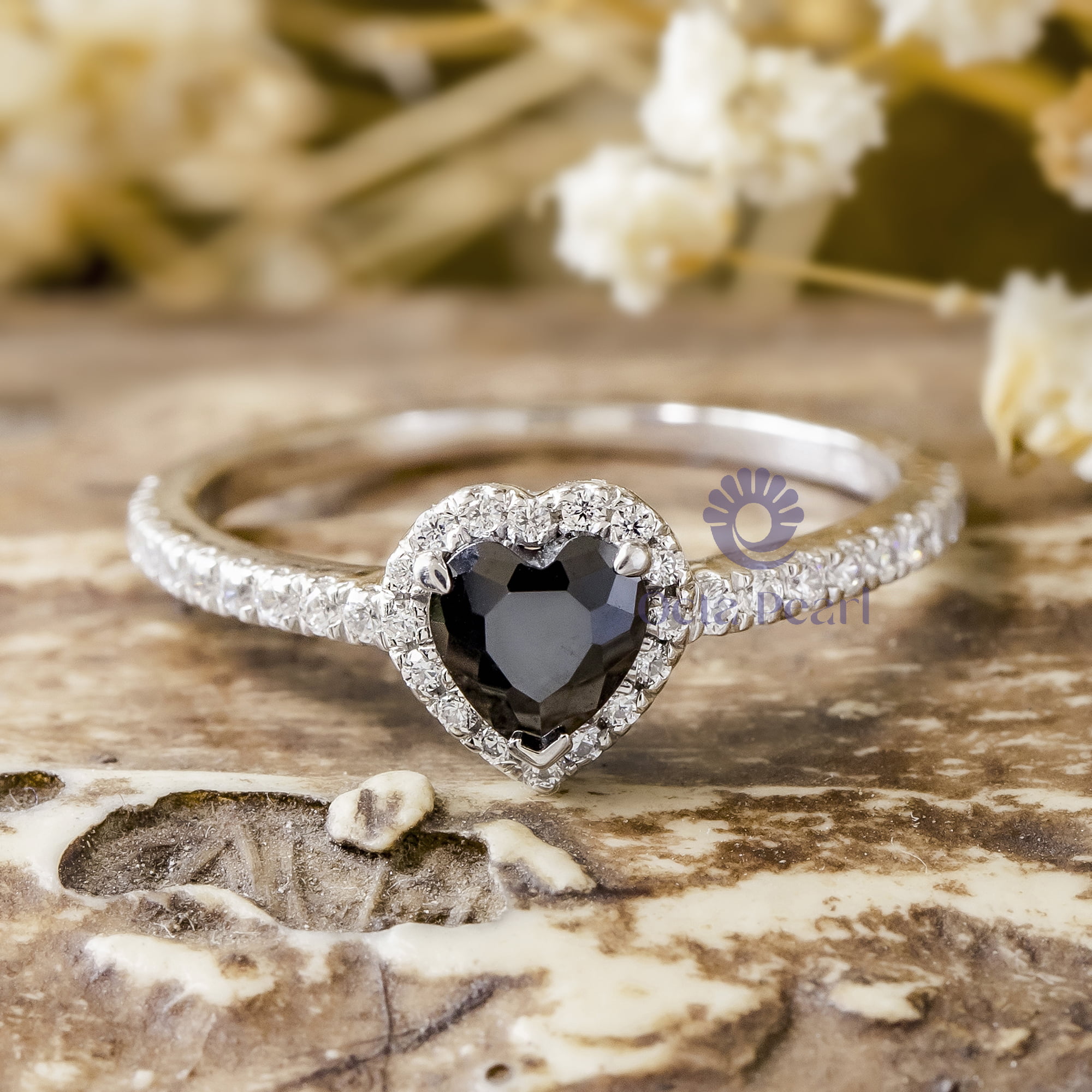Black Heart Cut CZ Stone Frame Delicate Engagement Wedding Ring (3/4 TCW)