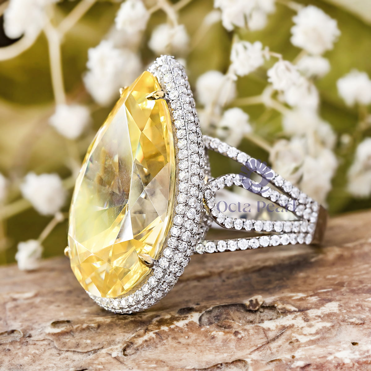 Yellow Pear With White Round CZ Stone Frame Three Shank Cocktail Ring For Party Wear