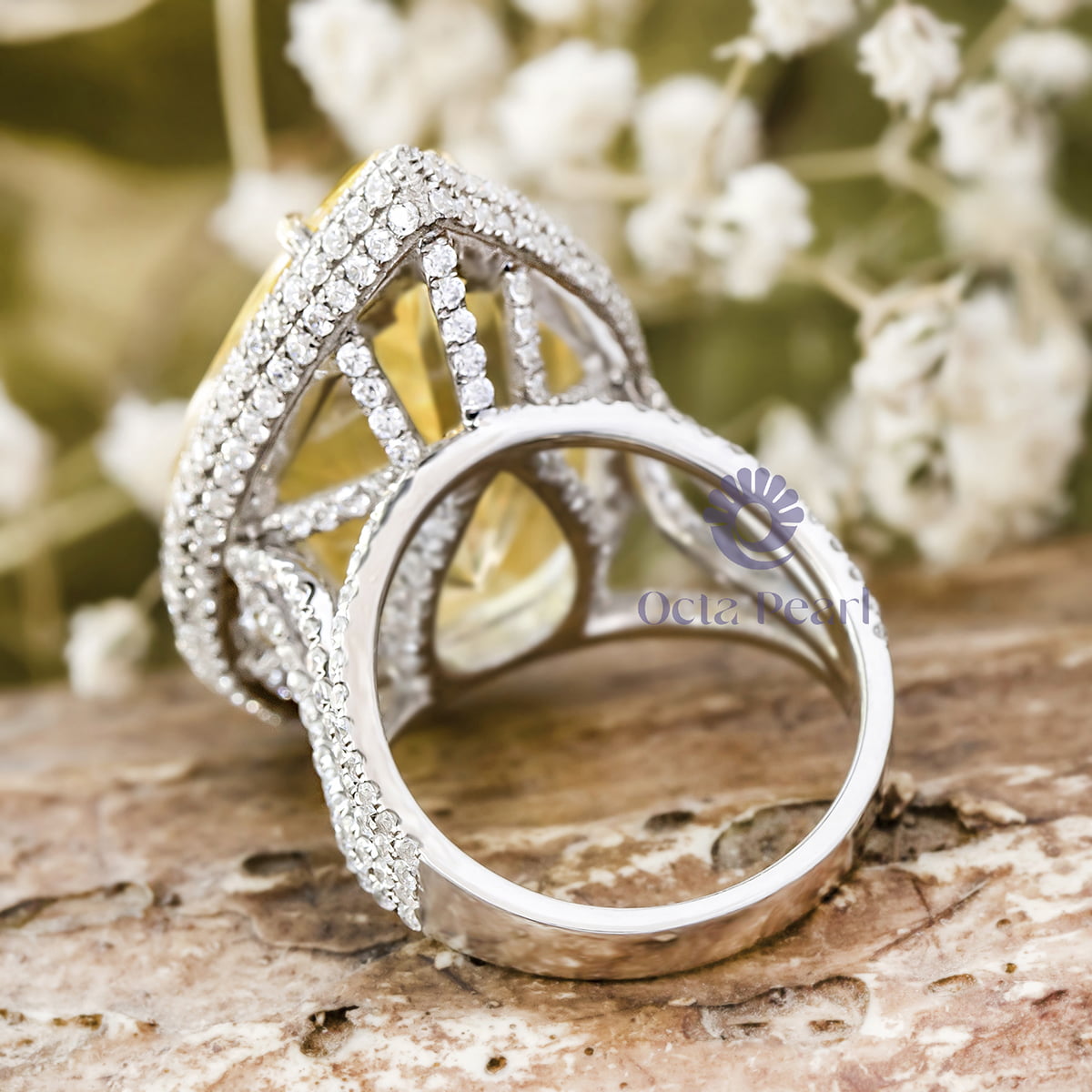 Canary Yellow Pear With White Round CZ Stone Frame Three Shank Cocktail Ring For Party Wear