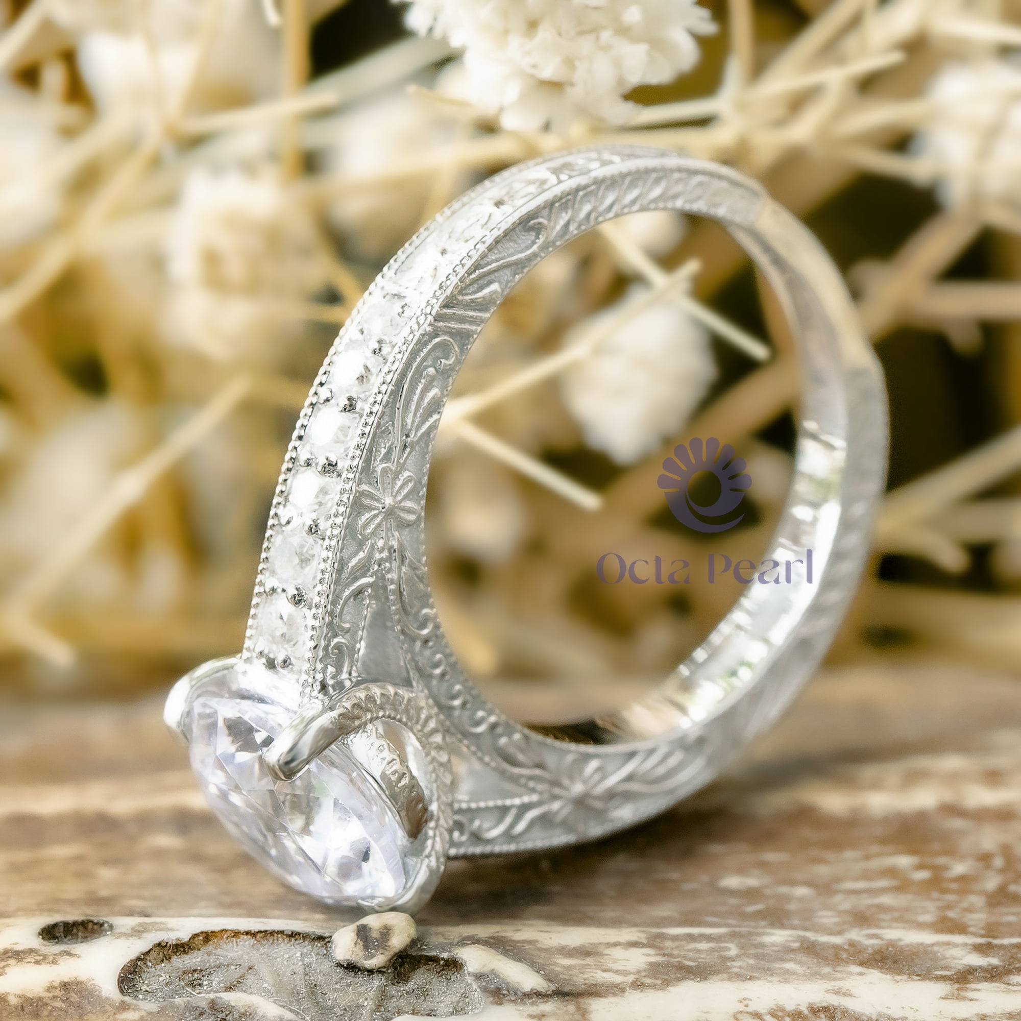 Round Moissanite Art Deco Engrave Shank Art Deco Engagement Ring (2 3/10 TCW)
