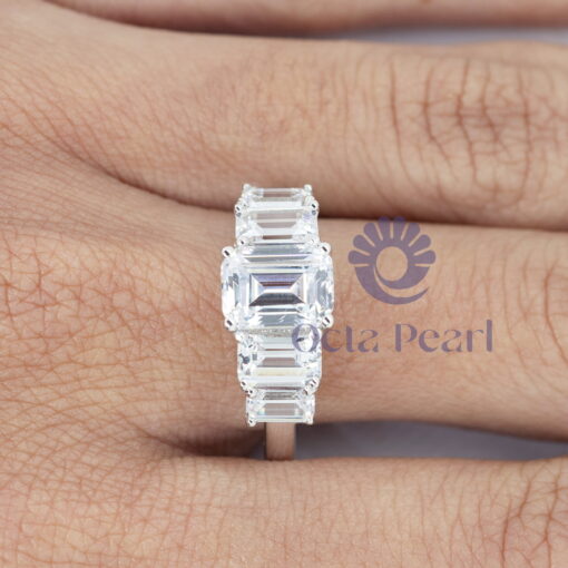 White Emerald Cut CZ Five Stone Wedding Engagement Ring