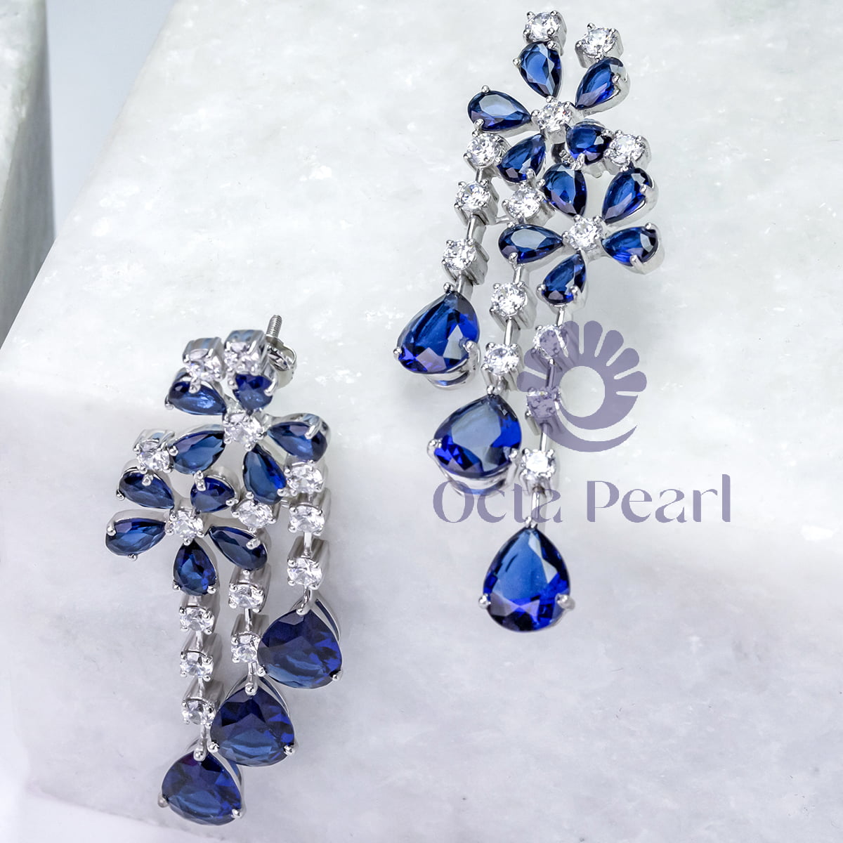 Blue Sapphire Pear Cut CZ Stone Teardrop Style Floral Motif Drop Dangle Earrings (16 1/2 TCW)