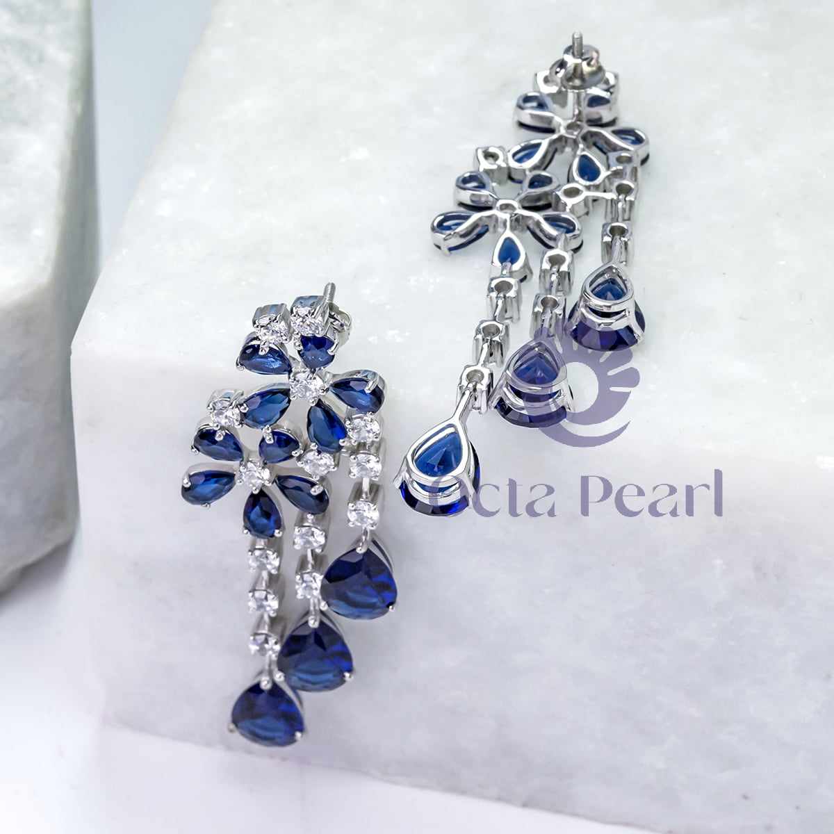 Blue Sapphire Pear Cut CZ Stone Teardrop Style Floral Motif Drop Dangle Earrings (16 1/2 TCW)