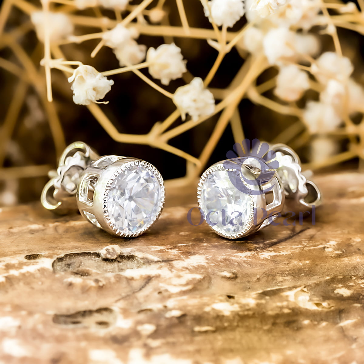Solitaire Studs Earrings with Milgrain Halo