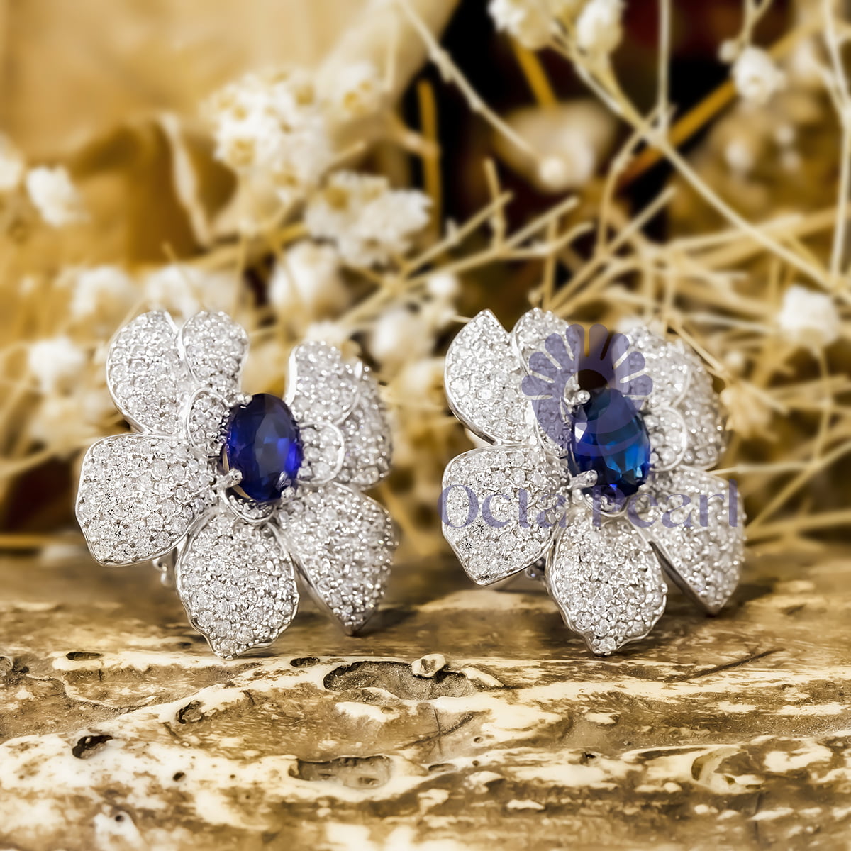 Blue Sapphire Oval & Round Cut CZ Stone Orchid Flower Stud Earrings