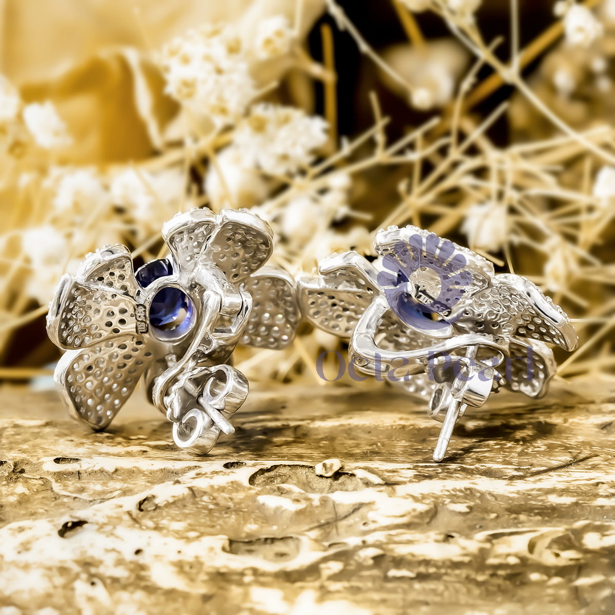 Blue Sapphire Oval & Round Cut CZ Stone Orchid Flower Stud Earrings