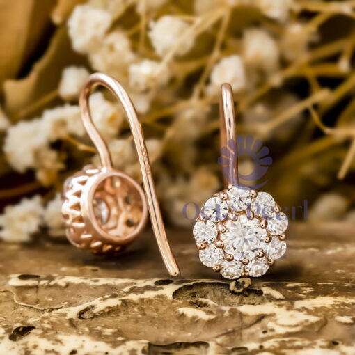 Round Cut Moissanite Floral Halo Drop Hook Earrings For Daily Wear