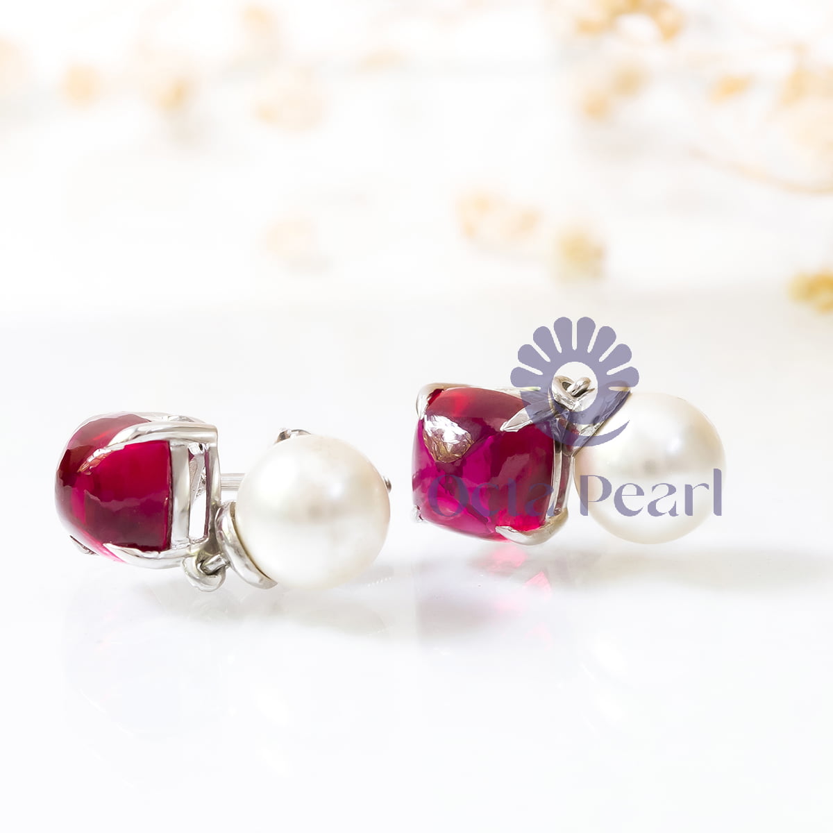 Pink Cushion Shape Cabochon With Pearl Drop Screw back Earrings For Birthday Gift