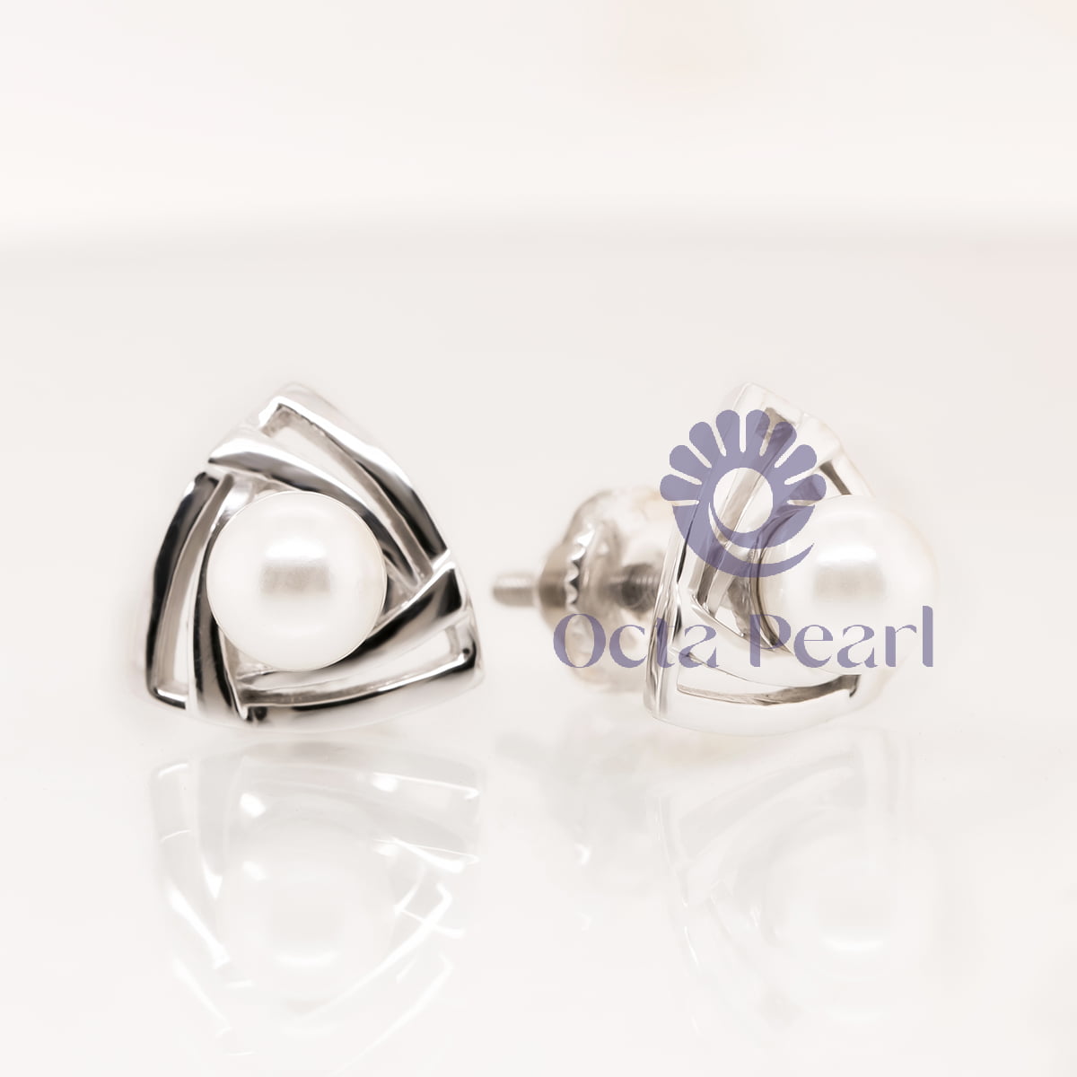 Trillion Shape Stud Earrings With Elegant Freshwater Pearl