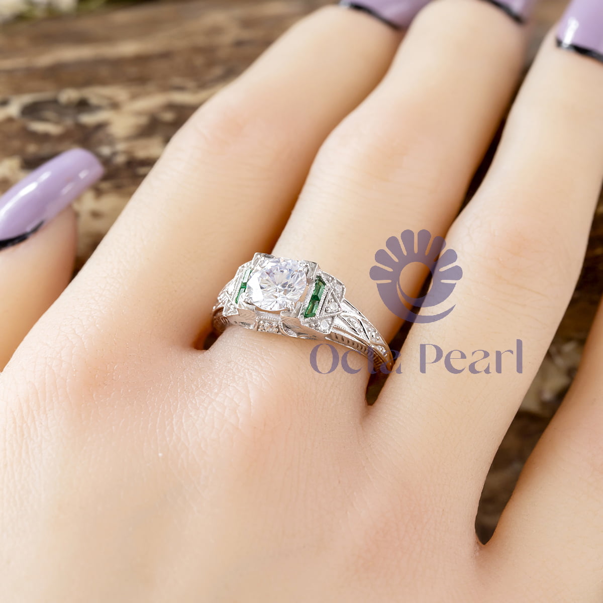 Round With Green Baguette Cut CZ Stone Art Deco Vintage Wedding Ring