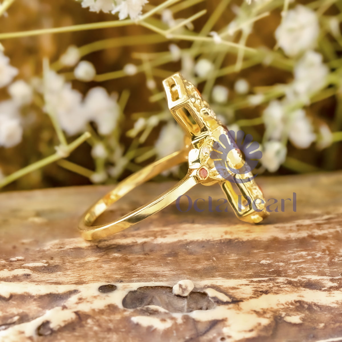 Orange Emerald Cut CZ Stone Floral & Leaf Inspire Vintage Edwardian Wedding Ring