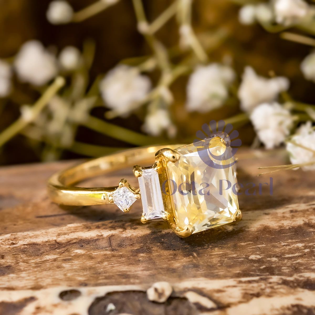 Yellow Radiant & Baguette-Princess Cut CZ Five Stone Wedding Ring (3 1/8 TCW)