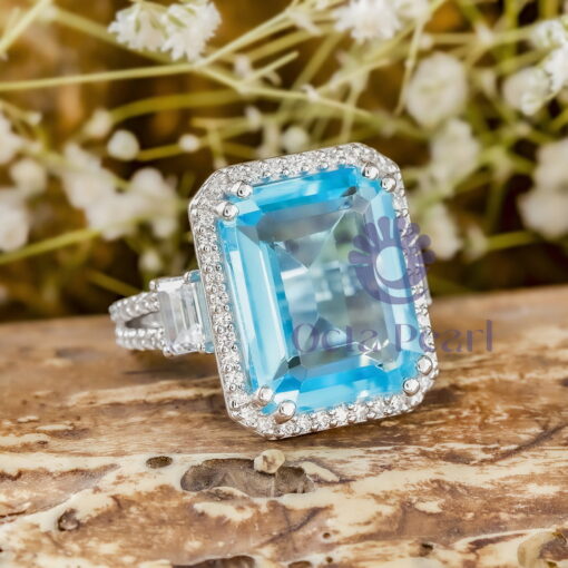 Aqua With White Emerald CZ Three Stone Halo Split Shank Engagement Ring