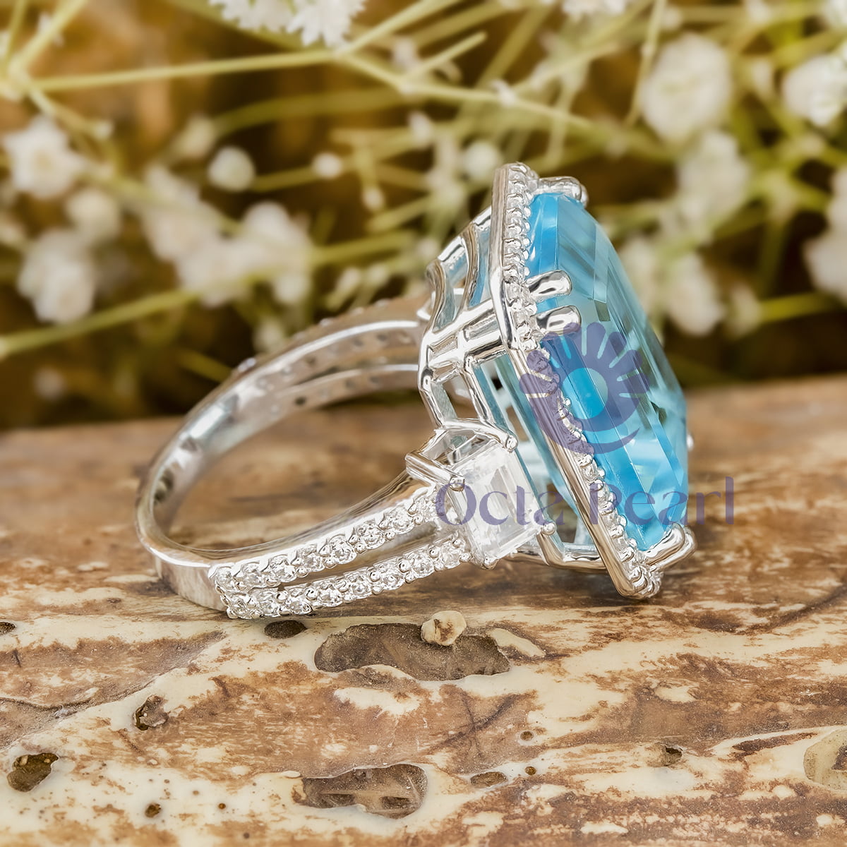 Aqua With White Emerald CZ Three Stone Halo Split Shank Engagement Ring