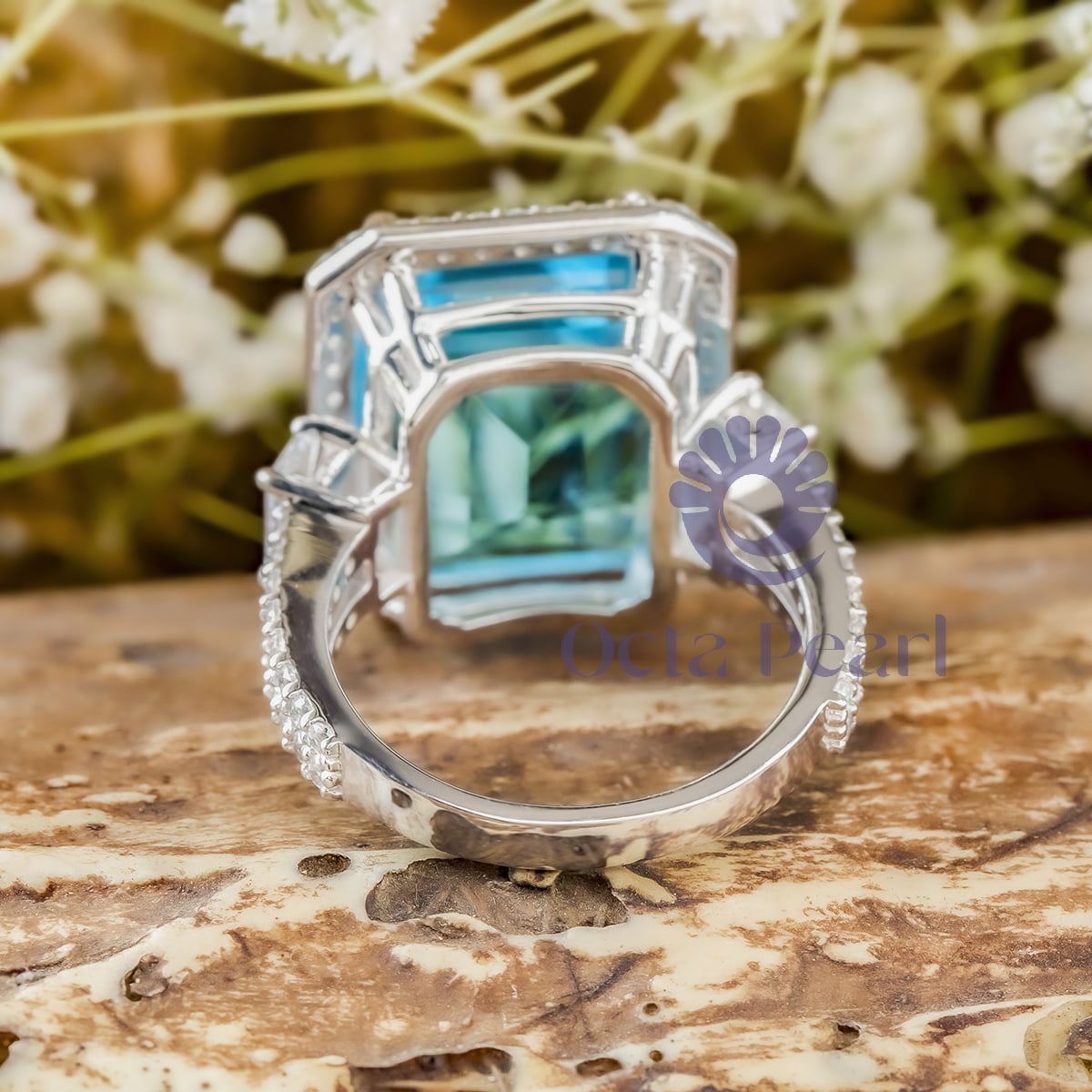Aqua With White Emerald CZ Three Stone Halo Split Shank Engagement Ring (17 1/5 TCW)