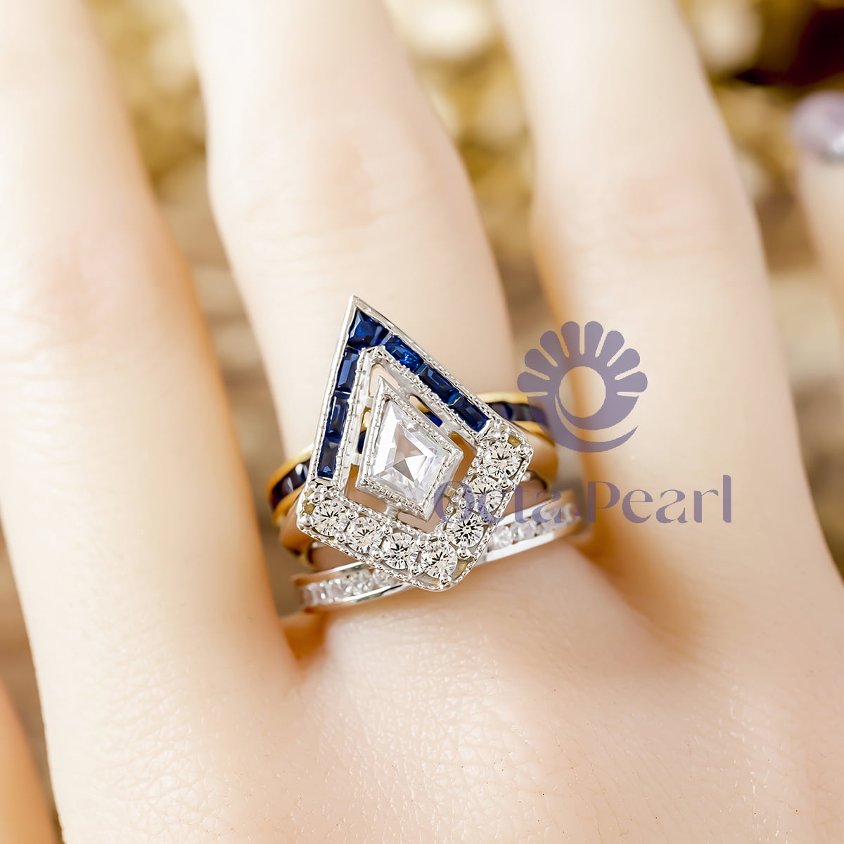 Kite Shape With Baguette CZ Stone Halo Channel Setting Three Piece Wedding Bridal Ring Set