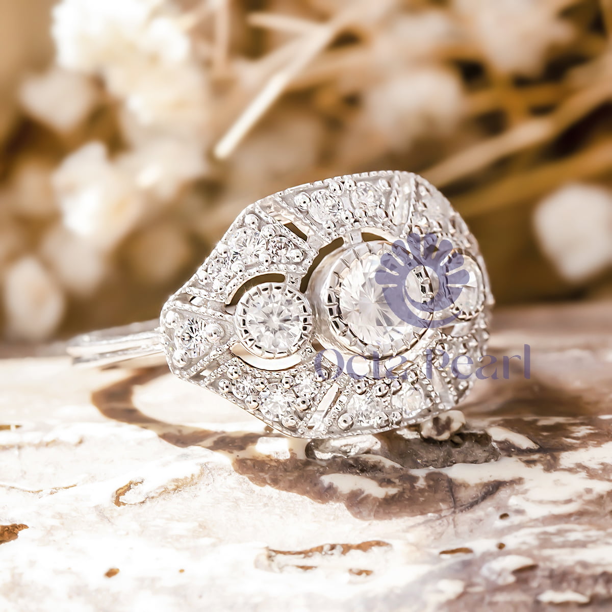Round Cut Moissanite Three Stone Vintage Edwardian Wedding Ring (1 2/9 TCW)