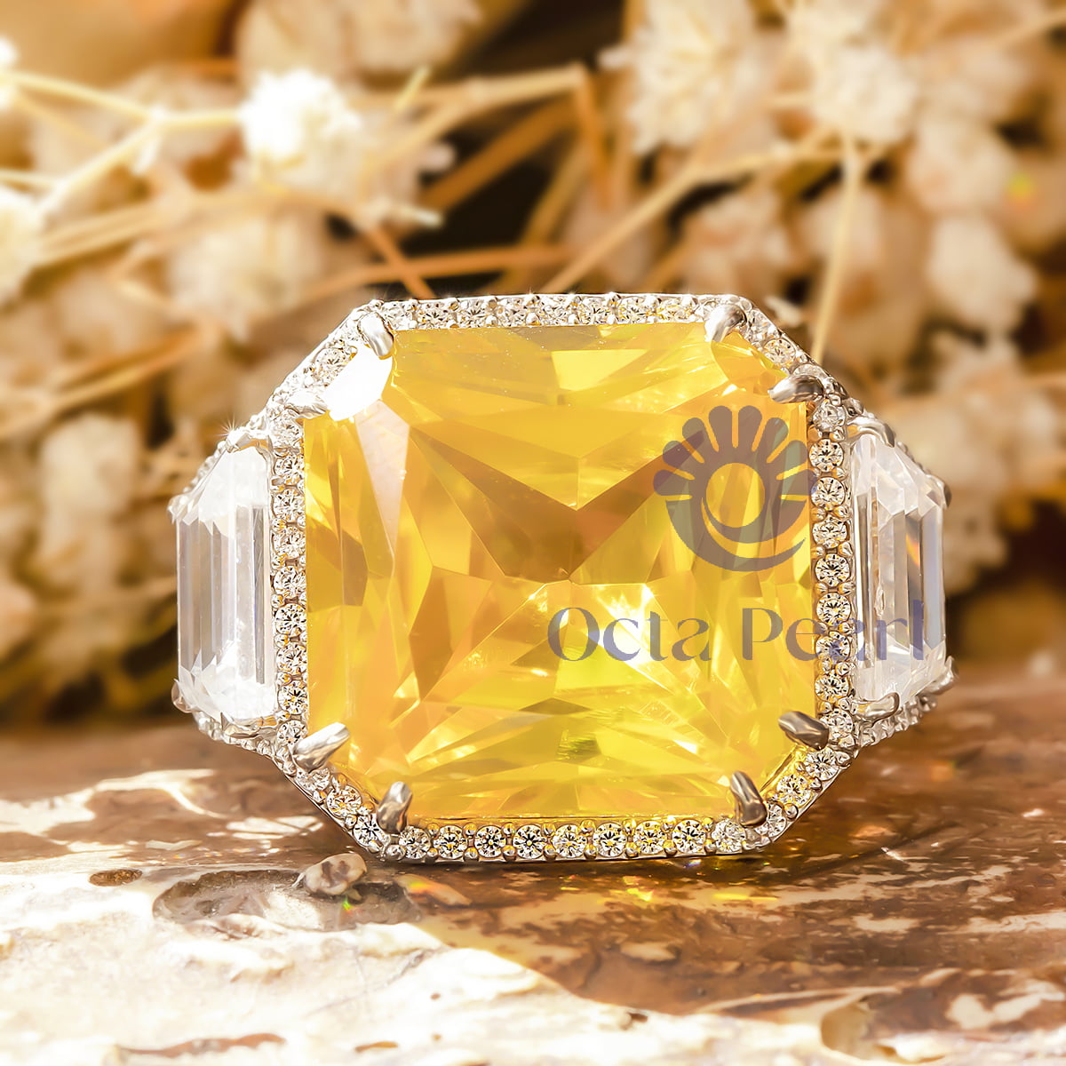 Yellow Radiant & Baguette CZ Three Stone Halo Cocktail Wedding Ring
