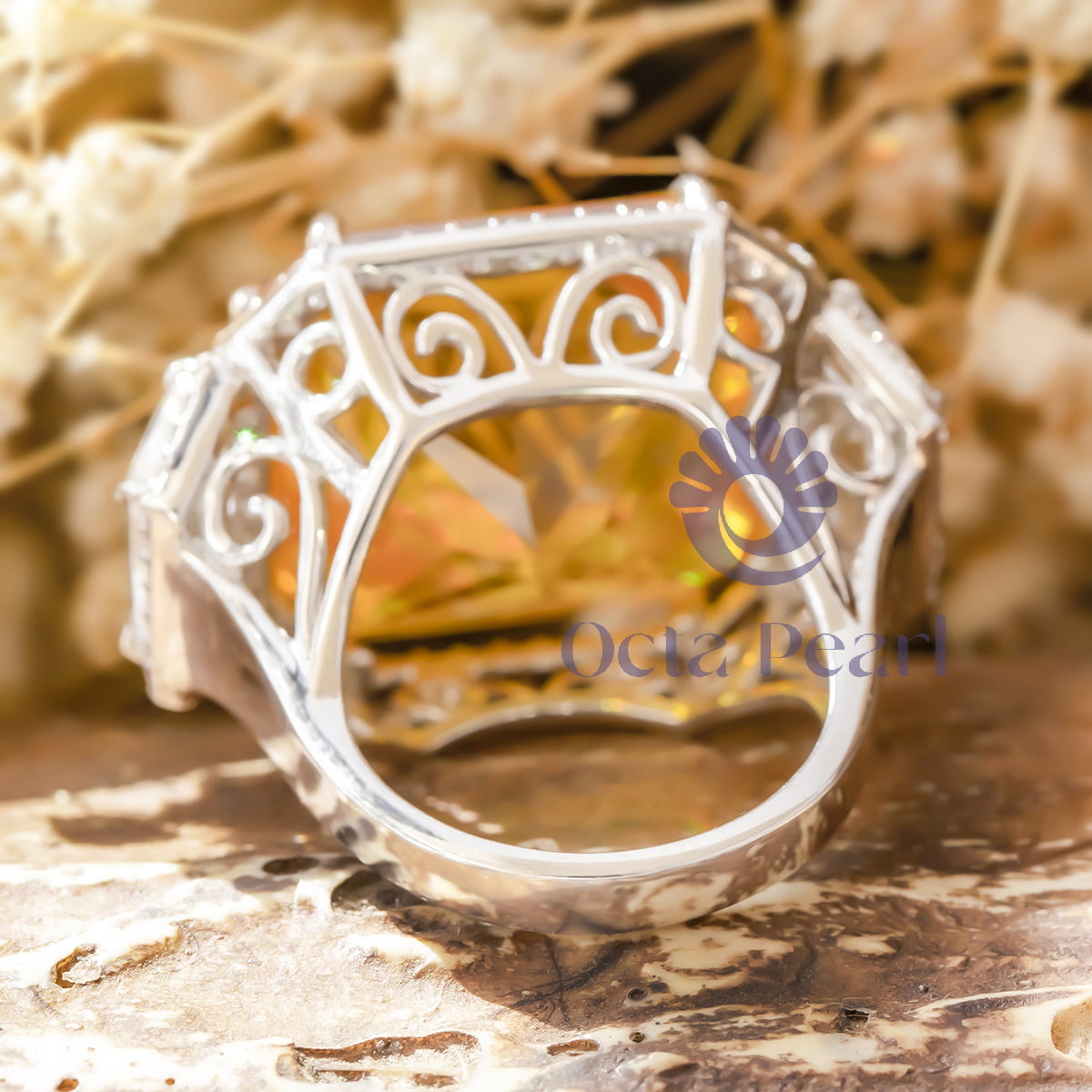 Yellow Radiant & Baguette CZ Three Stone Halo Cocktail Wedding Ring