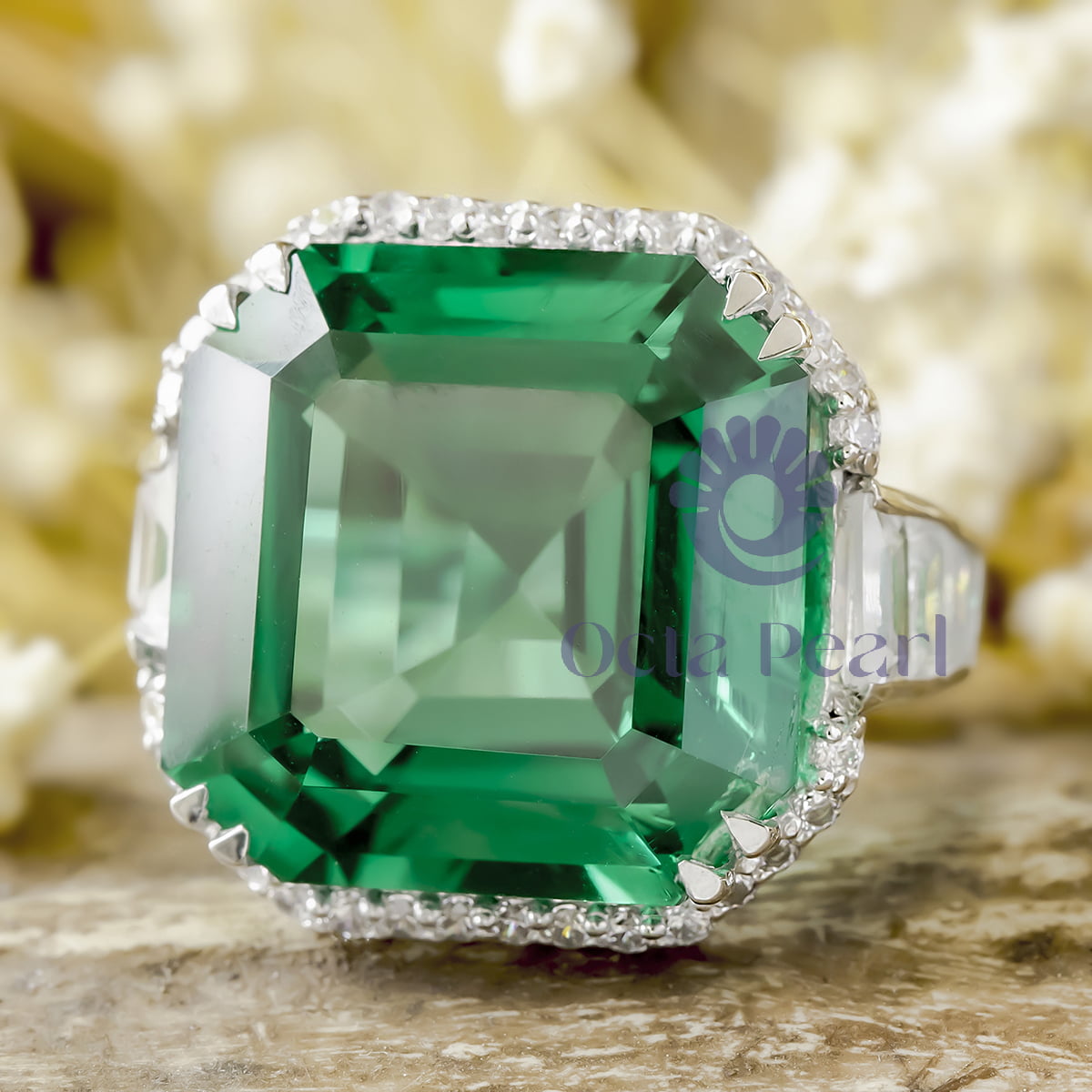 Green Asscher With Baguette CZ Stone Halo Channel Setting Engagement Ring
