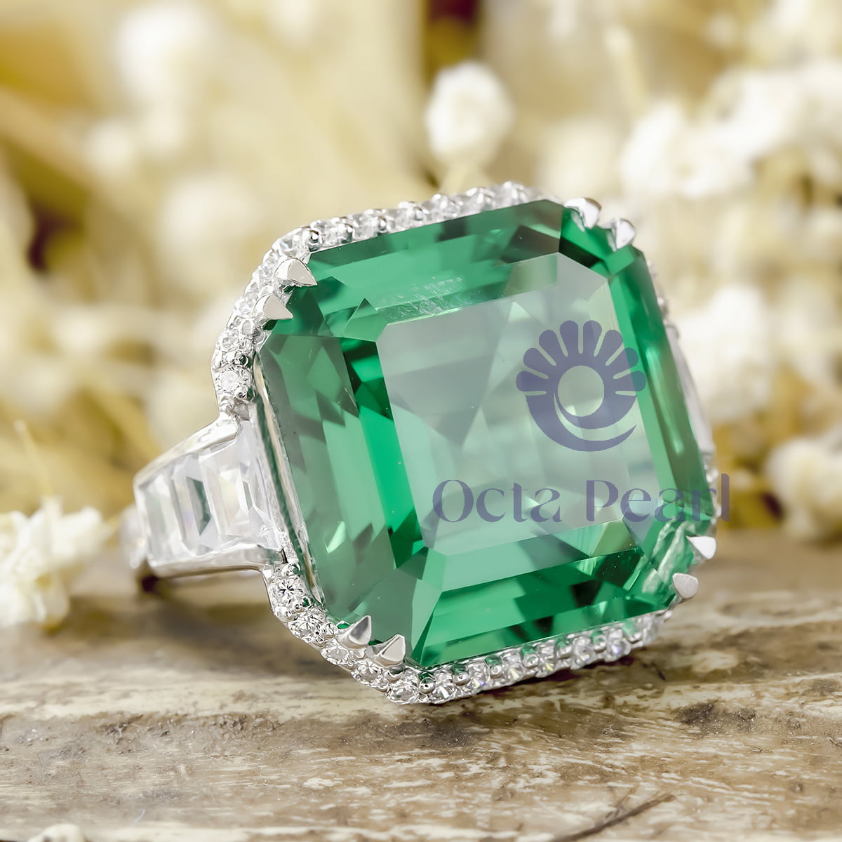 Green Asscher With Baguette CZ Stone Halo Channel Setting Engagement Ring