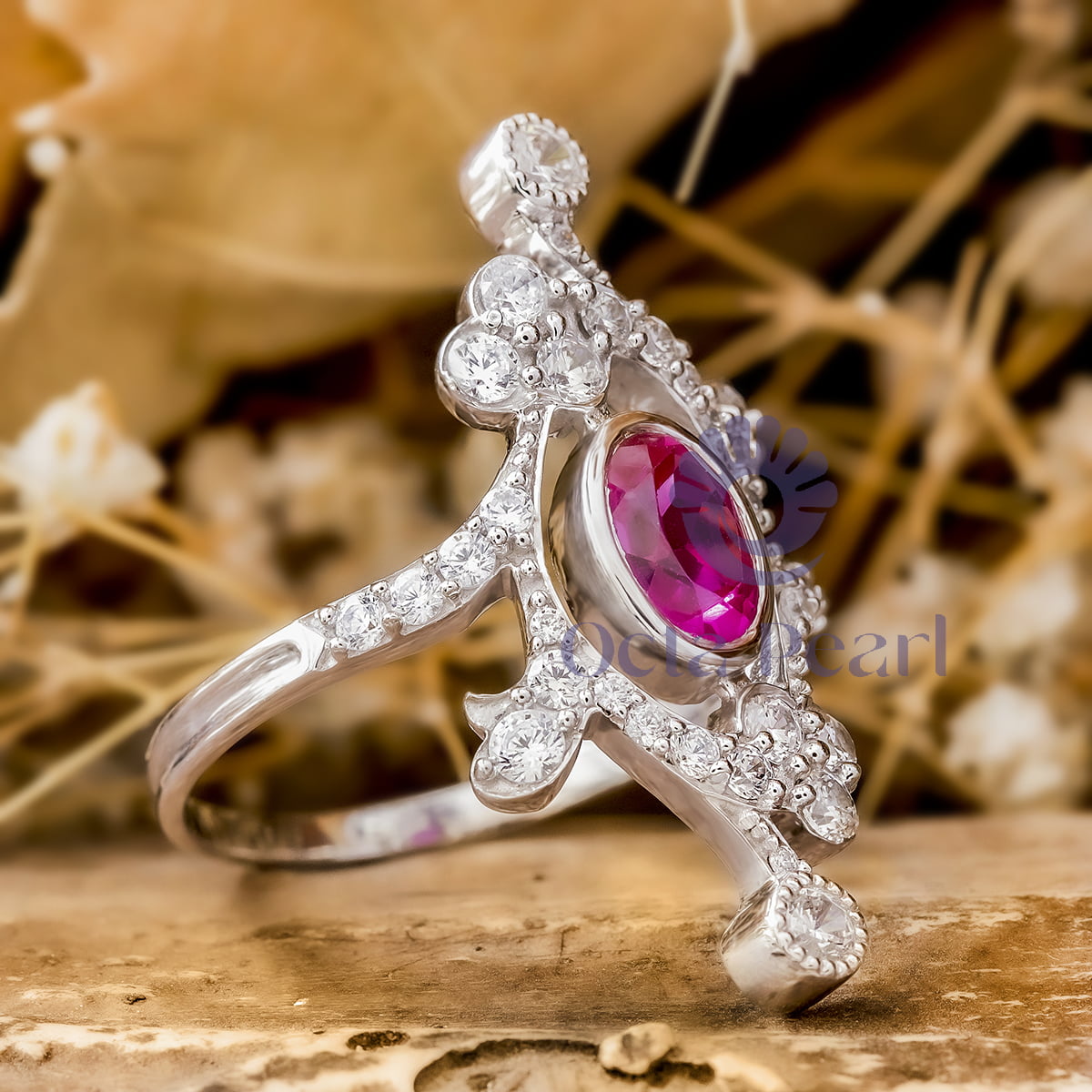 Pink Ruby Oval CZ Stone Bezel Set Antique Vintage Art Nouveau Ring For Women