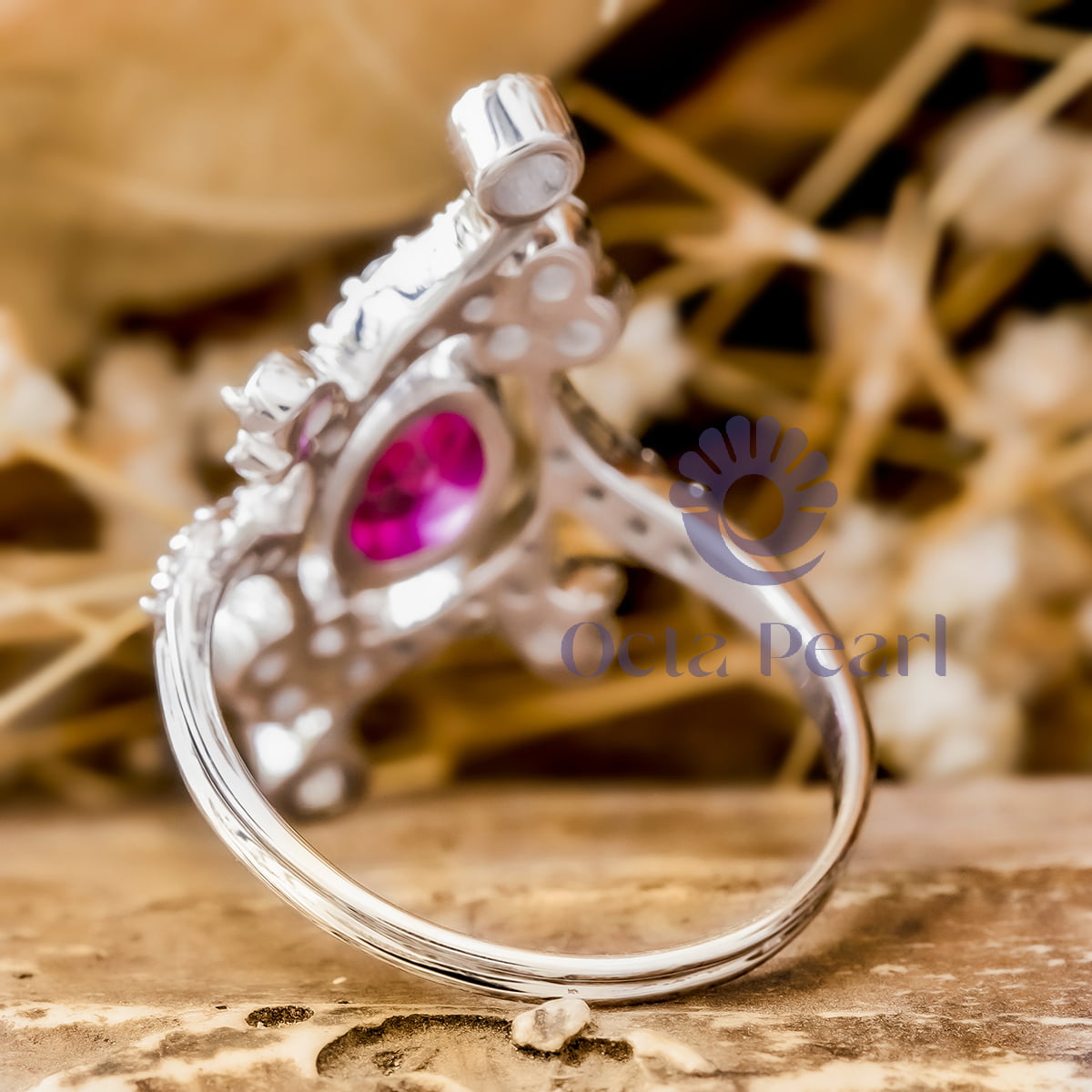 Pink Ruby Oval CZ Stone Bezel Set Antique Vintage Art Nouveau Ring For Women