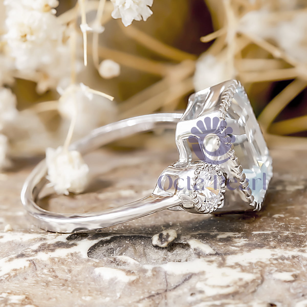 Aqua Emerald & Round Cut CZ Stone Milgrain Bezel Set Past Present Future Ring For Wedding