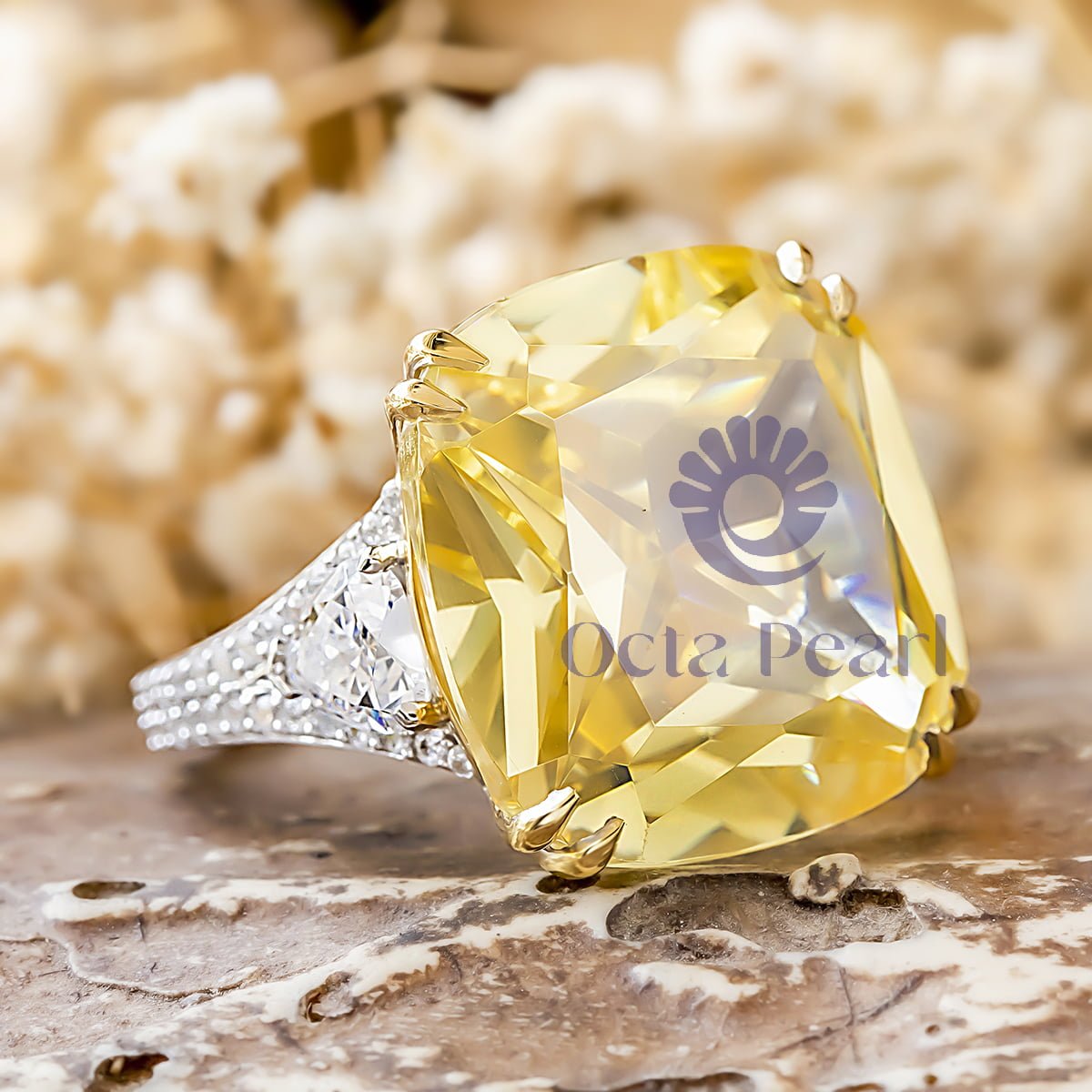 Canary Yellow Cushion Cut CZ Three Stone Cocktail Ring For Wedding
