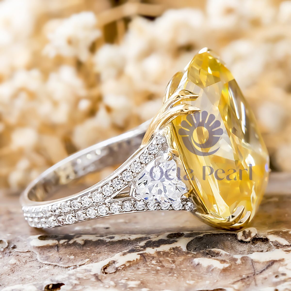 Canary Yellow Cushion Cut CZ Three Stone Cocktail Ring For Wedding