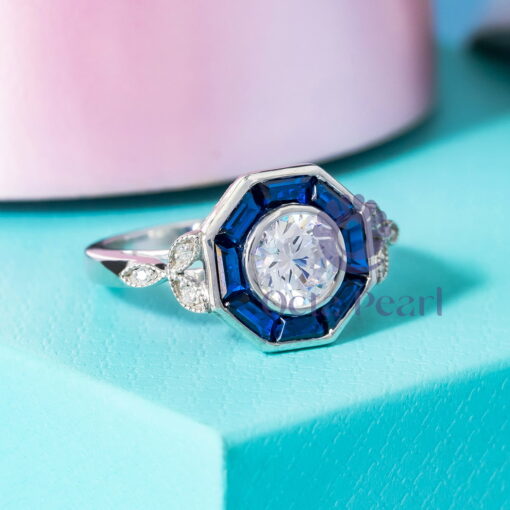 CZ Round With Baguette Blue Sapphire Bezel Set Halo Vintage Engagement Ring