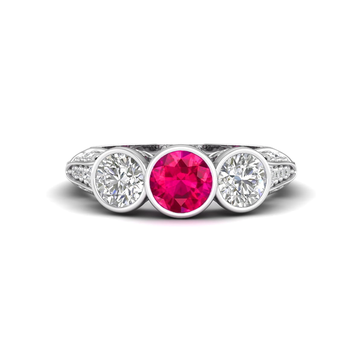 Pink Vintage style Wedding Ring with Three Stone Bezel Set