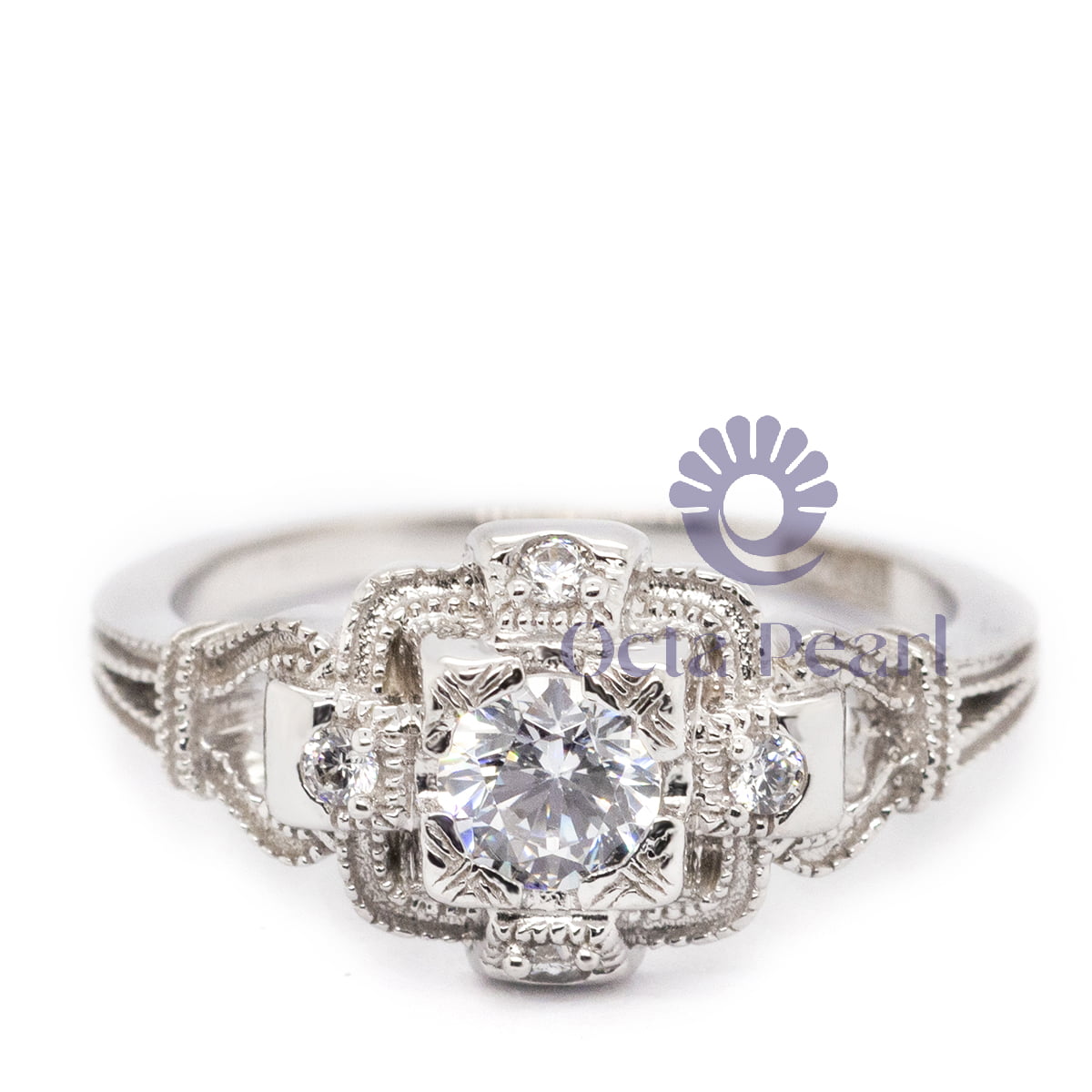 Round Cut Moissanite Milgrain Art Deco Edwardian Wedding Ring (2/3 TCW)