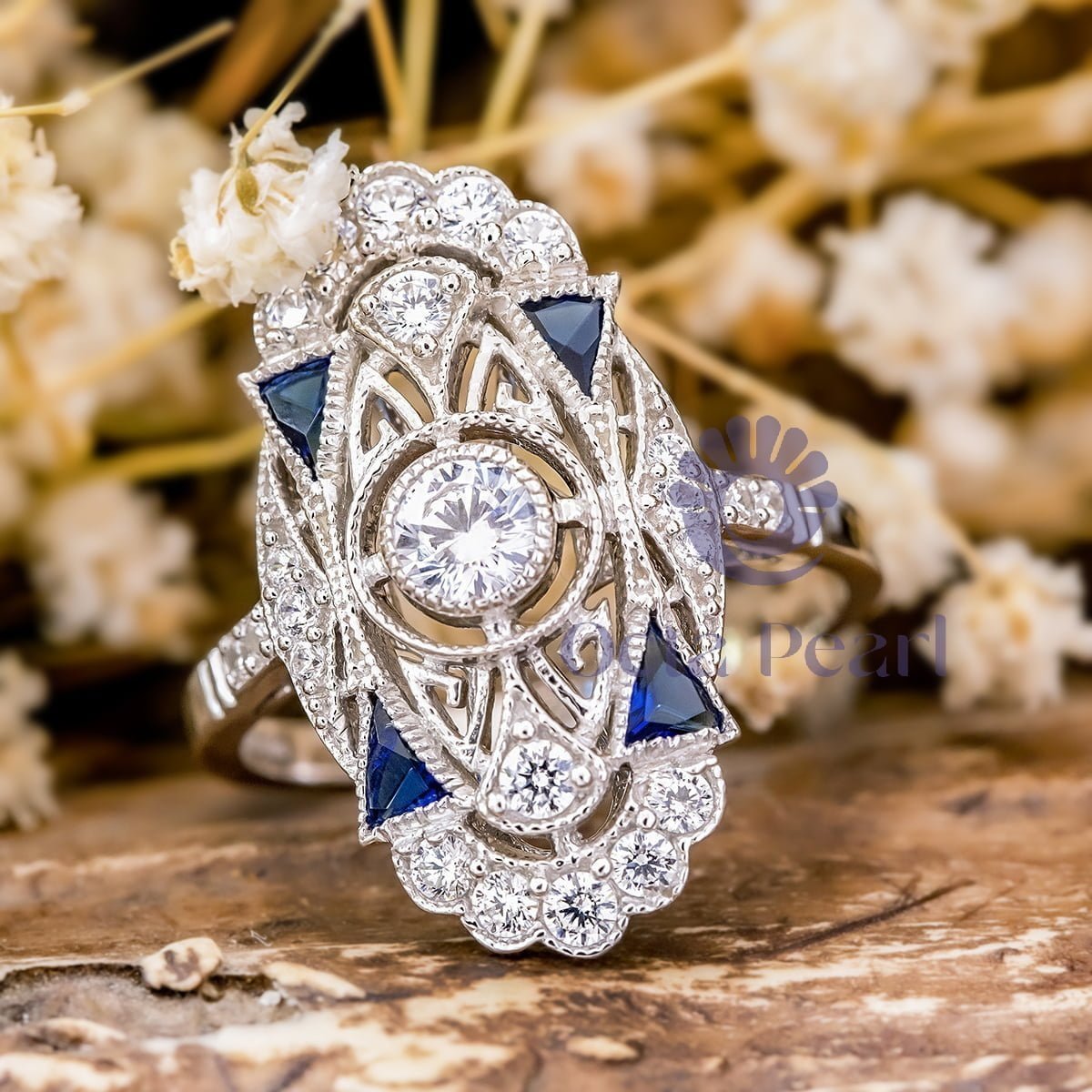 Round With Blue Sapphire Triangle Milgrain Bezel Set Art Deco Vintage Work Ring