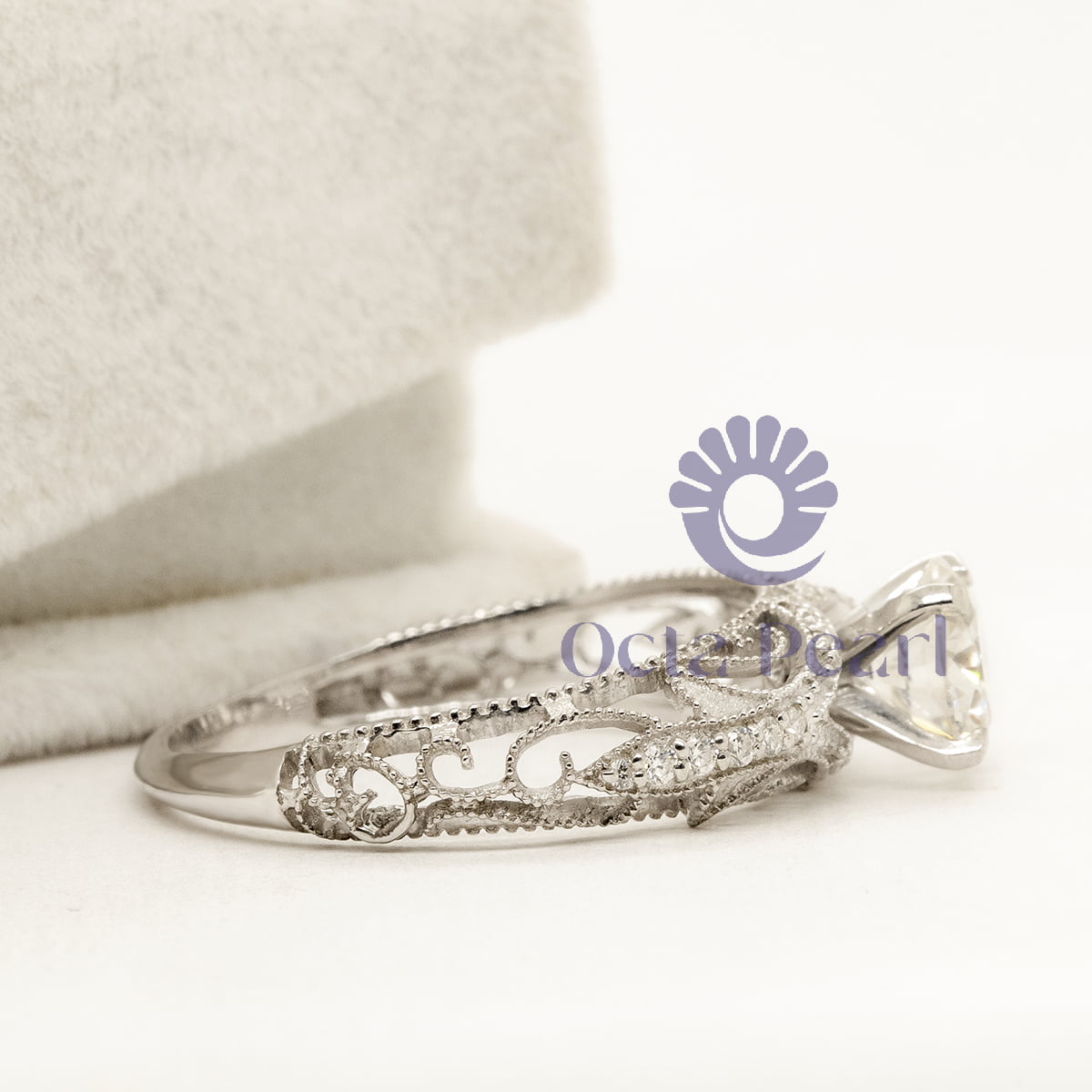 Round Cut Moissanite Milgrain Filigree Work Art Deco Wedding Ring (1 1/2 TCW)