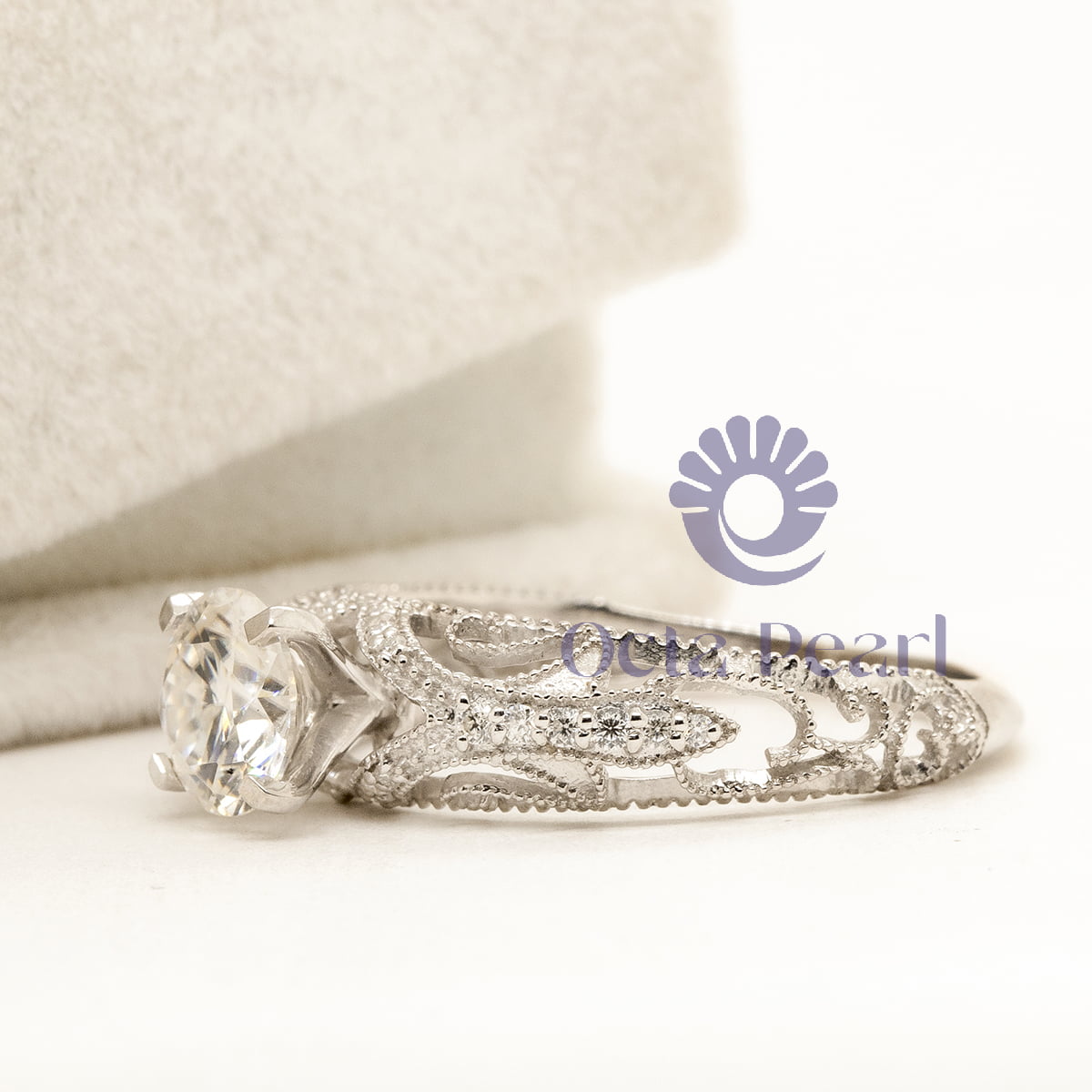 Round Cut Moissanite Milgrain Filigree Work Art Deco Wedding Ring (1 1/2 TCW)