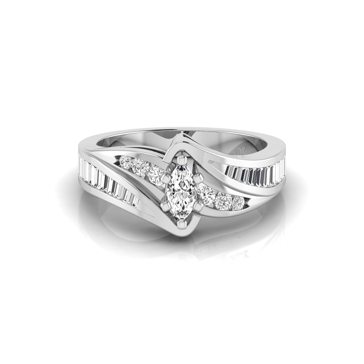 Marquise & Baguette Cut CZ Stone Bypass Shank Channel Setting Engagement Ring