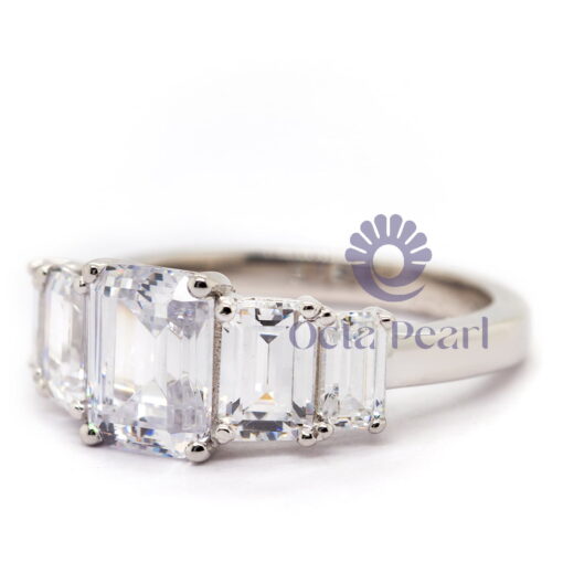 White Emerald Cut CZ Five Stone Wedding Engagement Ring