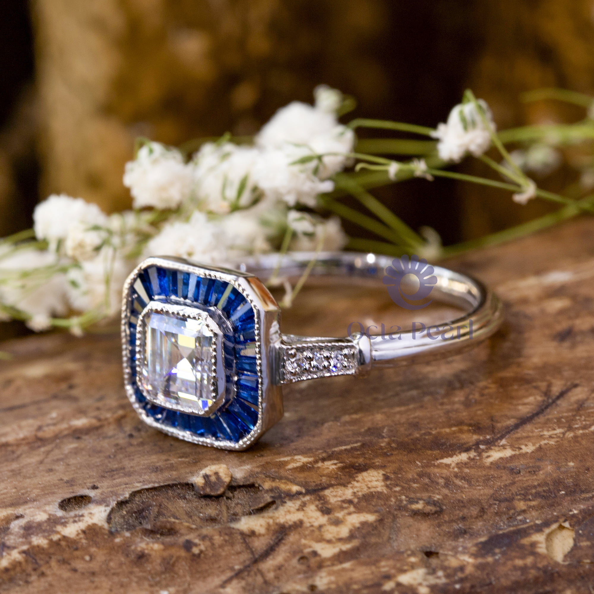 Asscher With Blue Sapphire Baguette Milgrain Bezel Set Art Deco Target Wedding Ring