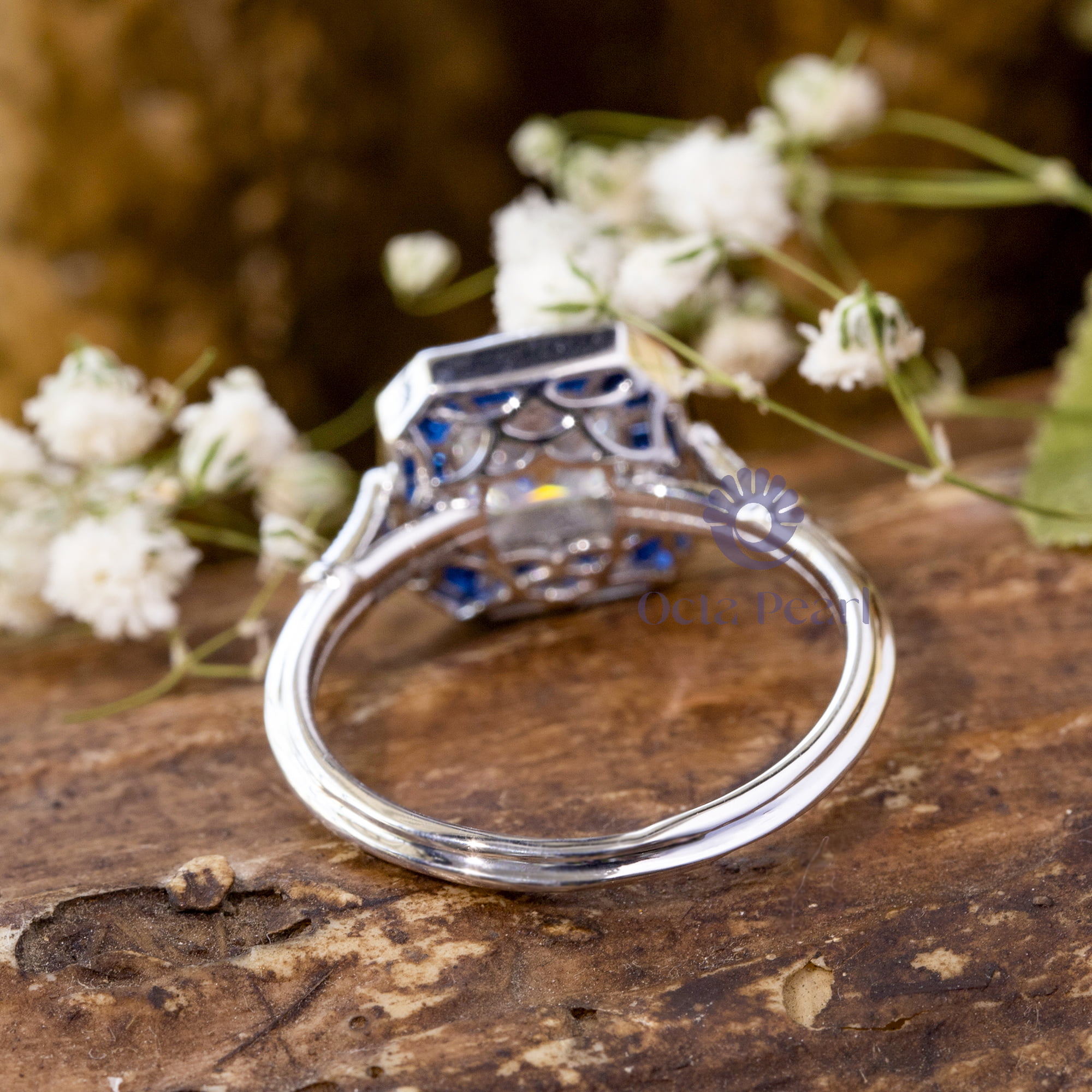 Asscher With Blue Sapphire Baguette Milgrain Bezel Set Art Deco Target Wedding Ring