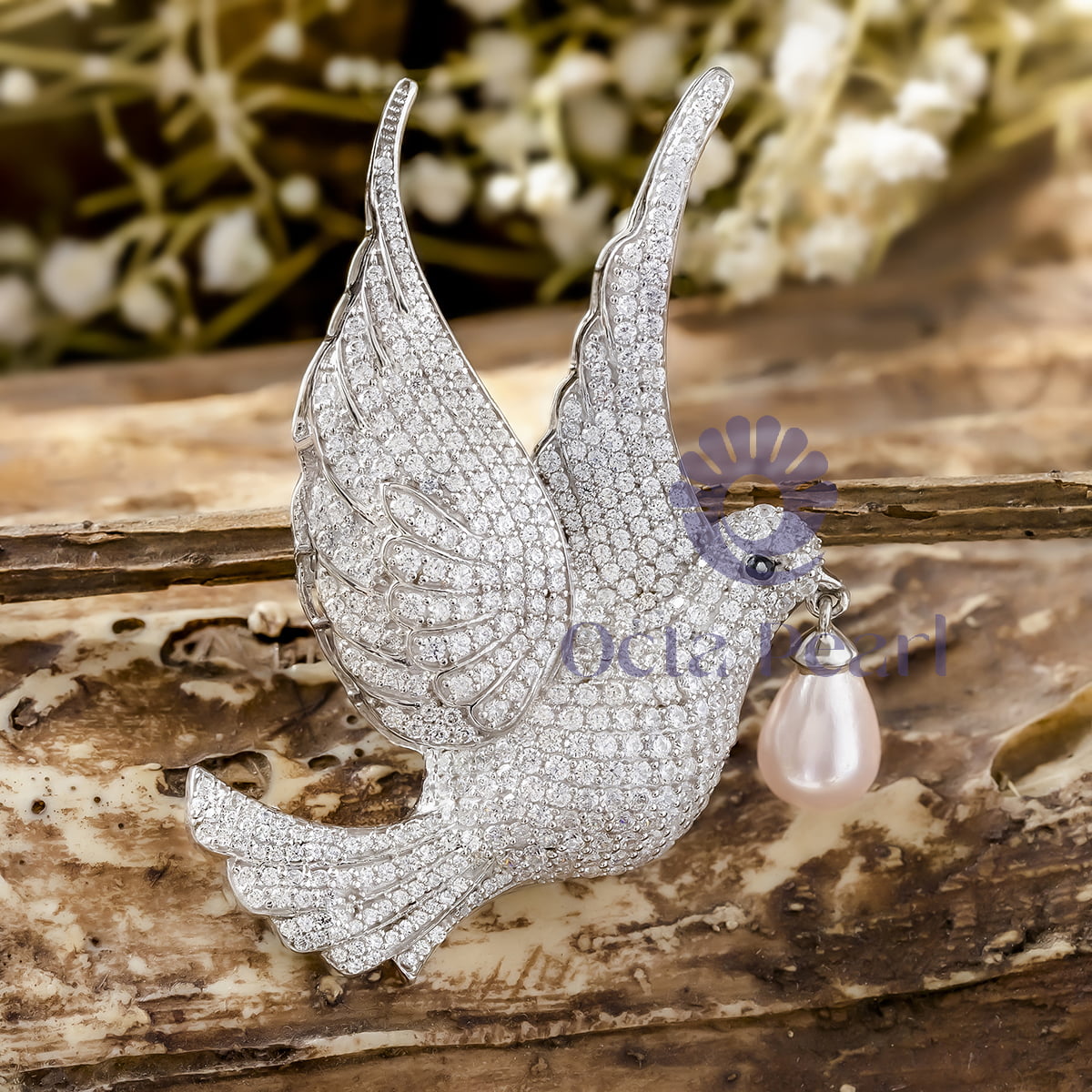Teardrop Pearl With Round Cut CZ Stone Charming Flying Pigeon Bird Brooch For Men & Women