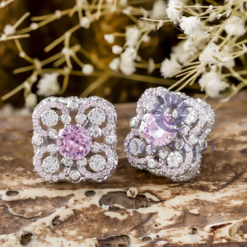 Light Pink & White Round Cut CZ Stone Clover Flower Inspire Stud Earrings