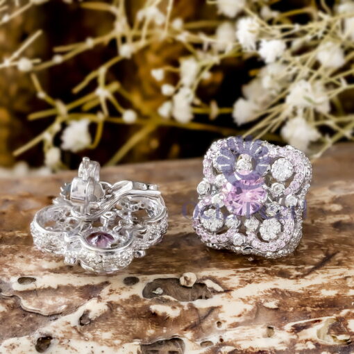 Light Pink & White Round Cut CZ Stone Clover Flower Inspire Stud Earrings