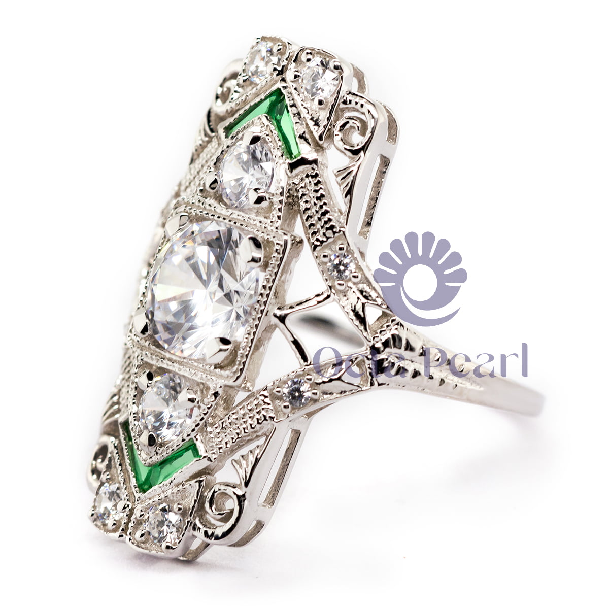 Round With Green Baguette Cut Milgrain Bezel Set Openwork Antique Art Deco Women's Ring